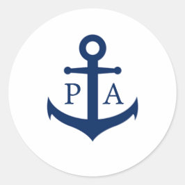 Pegatina Redonda Boda Náutico Monograma de Ancla Azul de la Marina