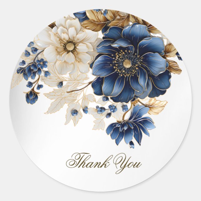 Pegatina Redonda Boda Navy Blue White Golden Floral Silver (Anverso)