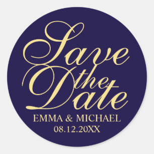 Pegatina Redonda Boda Navy Blue y Gold Elegant Save the Date