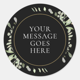 Pegatina Redonda Boda Negra Dorada Hojas Acuarela Verde