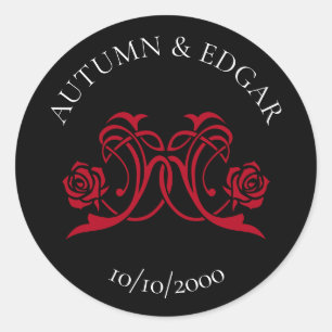 Pegatina Redonda Boda Negra Rosa Gótica Roja
