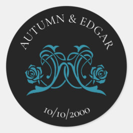 Pegatina Redonda Boda Negra Rosa Gótica Teal