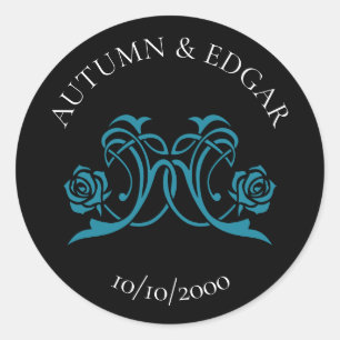 Pegatina Redonda Boda Negra Rosa Gótica Teal