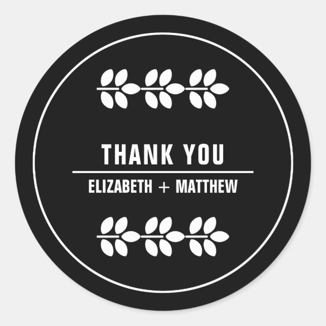 Pegatina Redonda Boda negro de las ramas blancas gracias (Anverso)