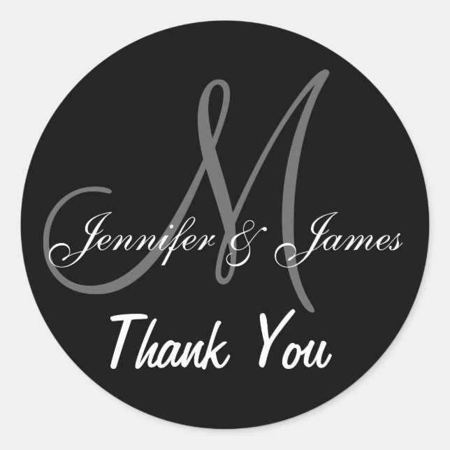 Pegatina Redonda Boda Negro Gracias Nombres De Monograma (Anverso)