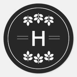 Pegatina Redonda Boda negro monograma de ramas blancas