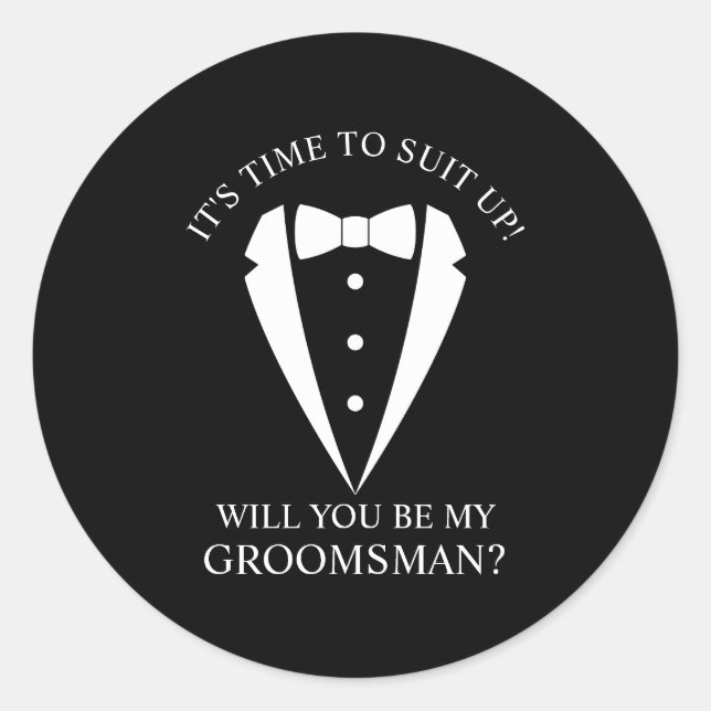 Pegatina Redonda Boda negro Tuxedo Suit Groomsman Propuesta (Anverso)