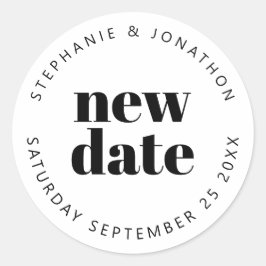 Pegatina Redonda Boda Nueva fecha Nombres texto simple blanco negro