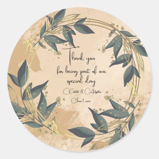 Pegatina Redonda Boda Olive Wreath Personalizado (Anverso)