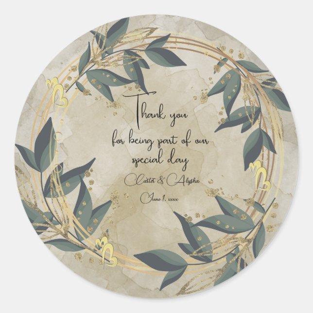 Pegatina Redonda Boda Olive Wreath Personalizado (Anverso)