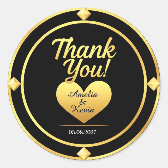 Pegatina Redonda 💛 Boda Oro Negro Gracias 🌹 (Anverso)