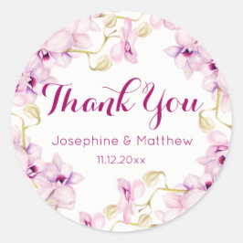 Pegatina Redonda Boda Orquídea Púrpura Tropical Gracias