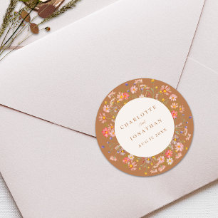 Pegatina Redonda Boda Otoñal Floral Boho Chic