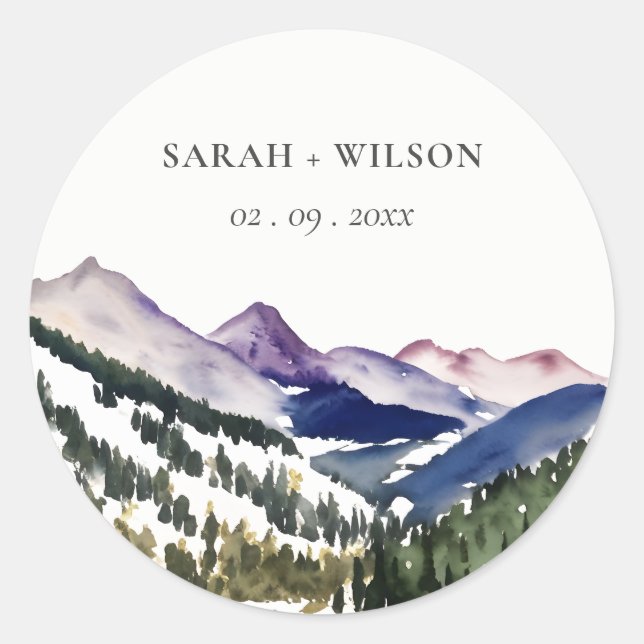 Pegatina Redonda Boda paisajístico Rocky Snow Mountain Watercolor (Anverso)