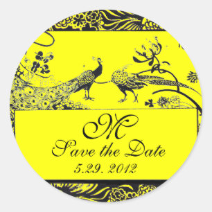 Pegatina Redonda BODA PÁJAROS DE AMOR MONOGRAMA negro y blanco amar