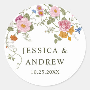 Pegatina Redonda Boda Pastel Pink Bohemian Wildflowers