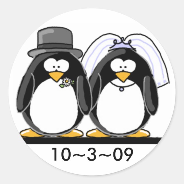 Pegatina Redonda Boda Penguins (Anverso)