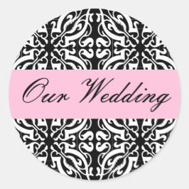 Pegatina Redonda Boda - Personalizable (Damasco blanco y negro)