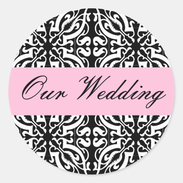 Pegatina Redonda Boda - Personalizable (Damasco blanco y negro) (Anverso)