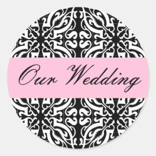 Pegatina Redonda Boda - Personalizable (Damasco blanco y negro)