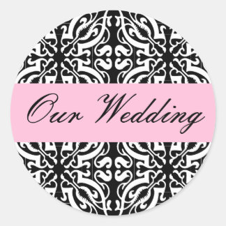 Pegatina Redonda Boda - Personalizable (Damasco blanco y negro)