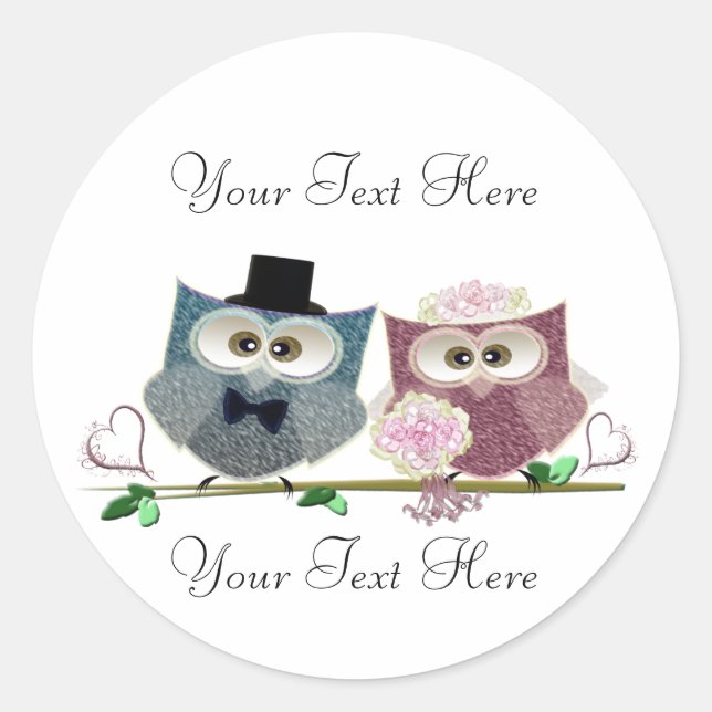 Pegatina Redonda Boda personalizable Owls Art (Anverso)