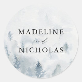 Pegatina Redonda Boda Personalizada Bosque de Invierno Elegante