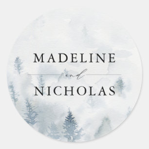 Pegatina Redonda Boda Personalizada Bosque de Invierno Elegante
