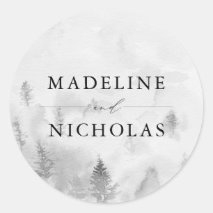 Pegatina Redonda Boda Personalizada Bosque de Invierno Gris Elegant