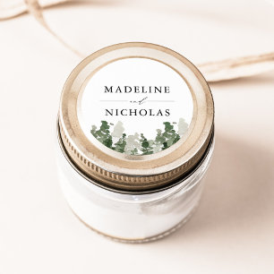 Pegatina Redonda Boda Personalizada Bosque de Pino Rústico