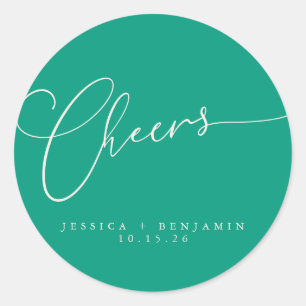 Pegatina Redonda Boda personalizada Cheers Minimal esmeralda Script
