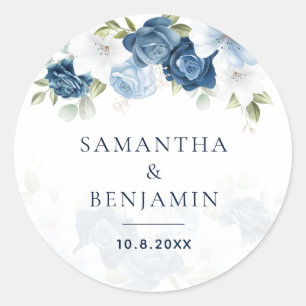 Pegatina Redonda Boda Personalizada con Floral Script Acuarela Azul