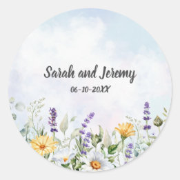 Pegatina Redonda Boda personalizada de acuarela de flores silvestre