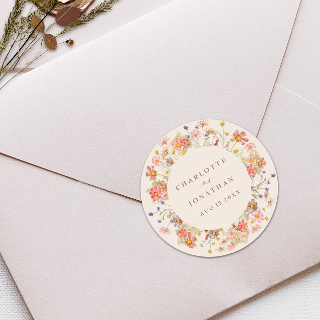 Pegatina Redonda Boda personalizada de Boho Fall Wildflower (Boho fall wildflower rustic floral beige burnt orange terracotta personalized wedding stickers)