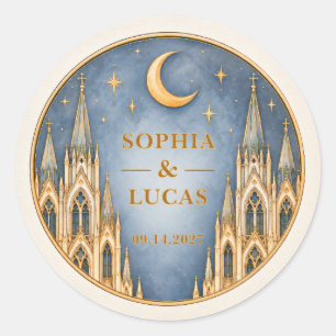 Pegatina Redonda Boda personalizada de catedral gótica azul polvori