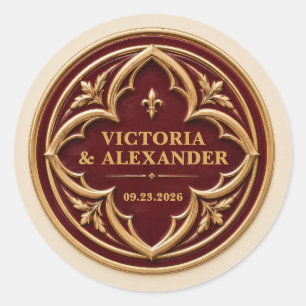 Pegatina Redonda Boda personalizada de color burgundy y dorado