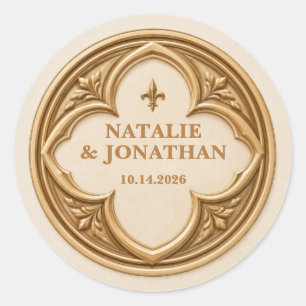 Pegatina Redonda Boda Personalizada de Cuatro Hojas Medievales