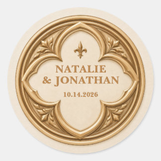 Pegatina Redonda Boda Personalizada de Cuatro Hojas Medievales