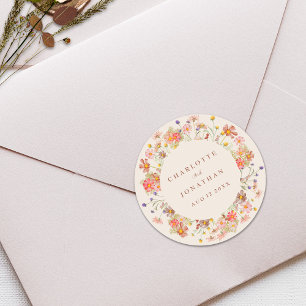 Pegatina Redonda Boda Personalizada de Flores Silvestres de Otoño B
