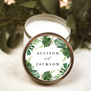 Pegatina Redonda Boda Personalizada de Hojas Tropicales Modernas de