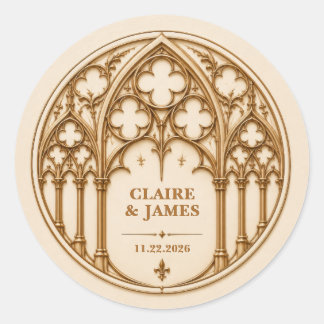 Pegatina Redonda Boda personalizada en catedral gótica revival