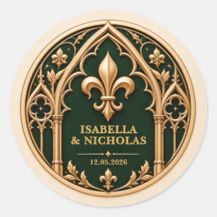 Pegatina Redonda Boda personalizada Fleur de Lis gótica