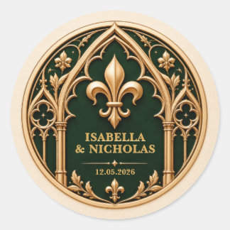 Pegatina Redonda Boda personalizada Fleur de Lis gótica