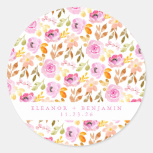 Pegatina Redonda Boda personalizada floral de color de agua rosada 
