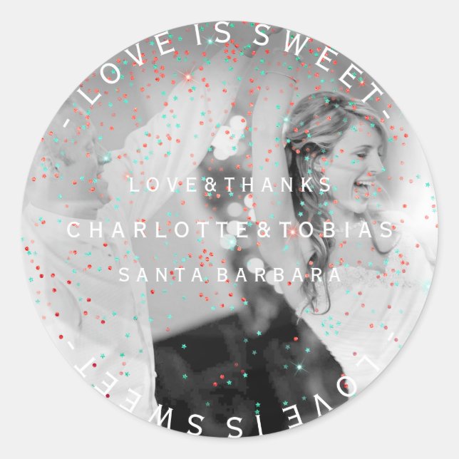 Pegatina Redonda Boda personalizada gracias a favor de foto rosa Ve (Anverso)