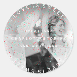 Pegatina Redonda Boda personalizada gracias a favor de foto rosa Ve