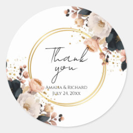 Pegatina Redonda Boda Personalizada “Gracias” Floral Elegante