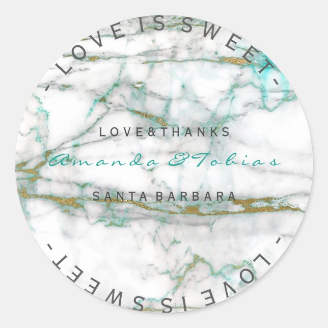 Pegatina Redonda Boda personalizada Gracias Mint Gold Marble Blanco (Anverso)