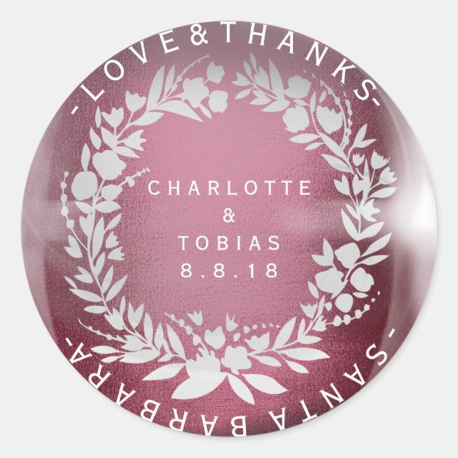 Pegatina Redonda Boda personalizada Gracias Vidrio Blanco Borgoñoso (Anverso)