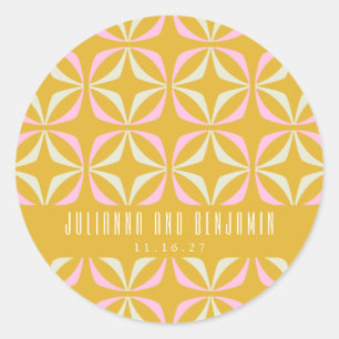 Pegatina Redonda Boda personalizada Mid Mod Geometric Yellow Pink